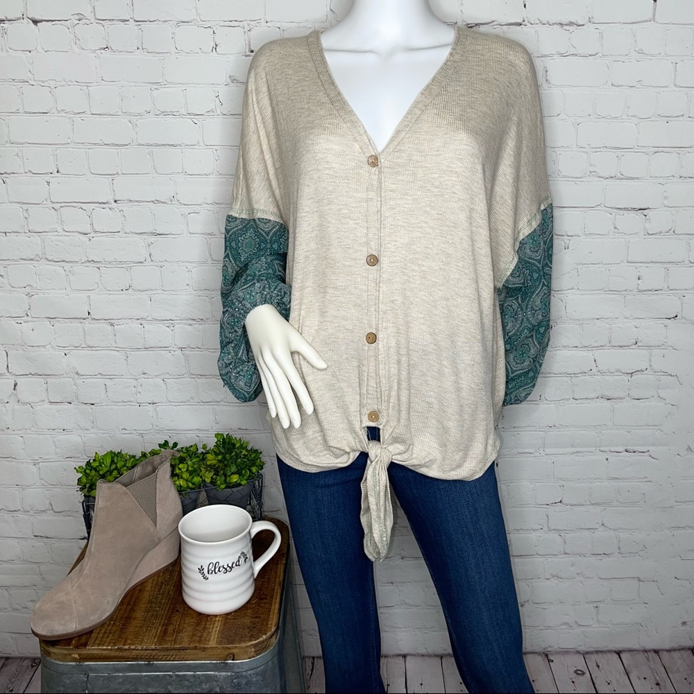 Beige Thermal Button Front Blouse